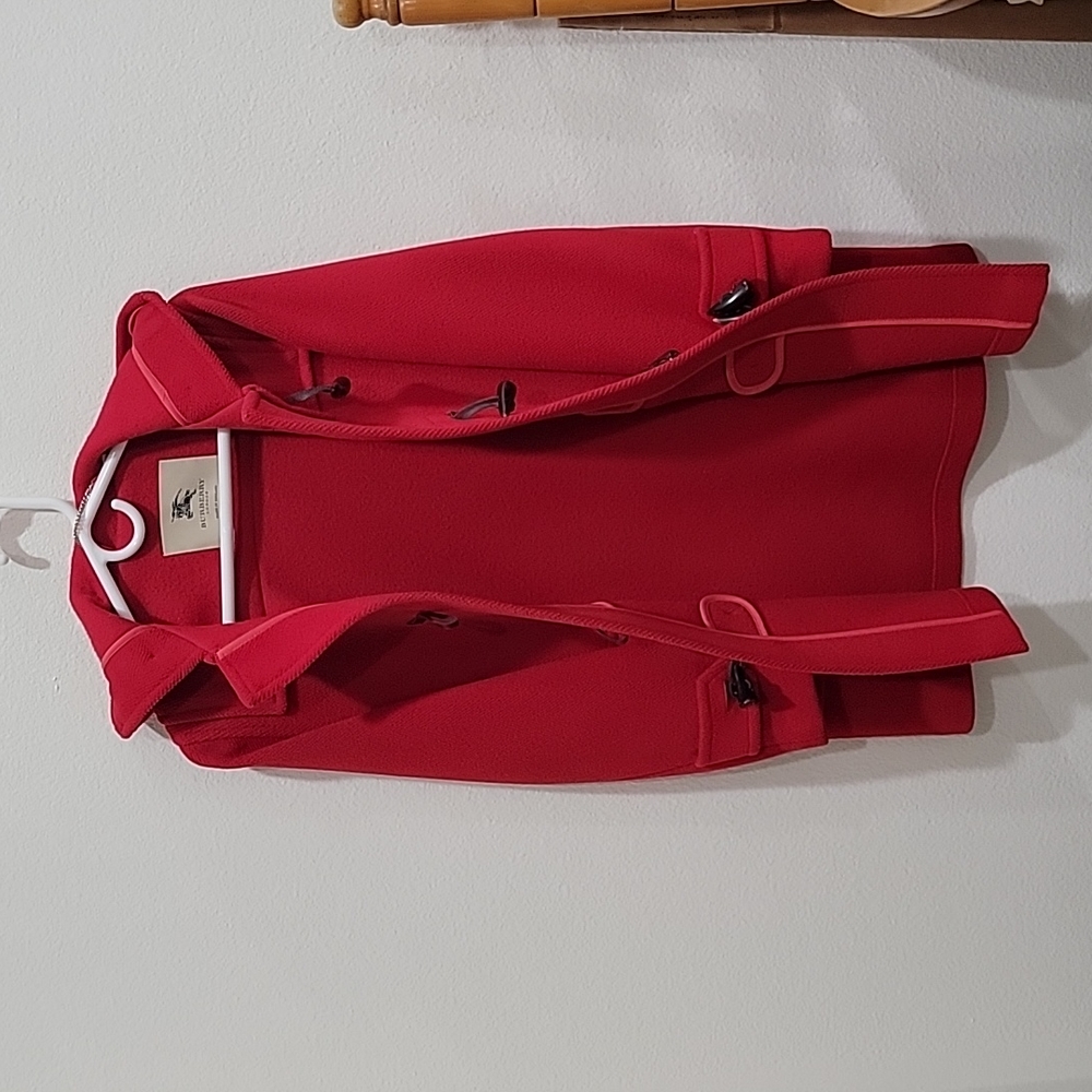 Red Burberry coat with hoodie